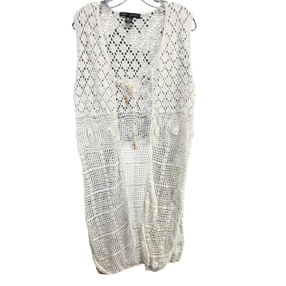 Vtg Larry Levine Crochet Duster Cardigan Womens XL White Open Knit Longline Boho